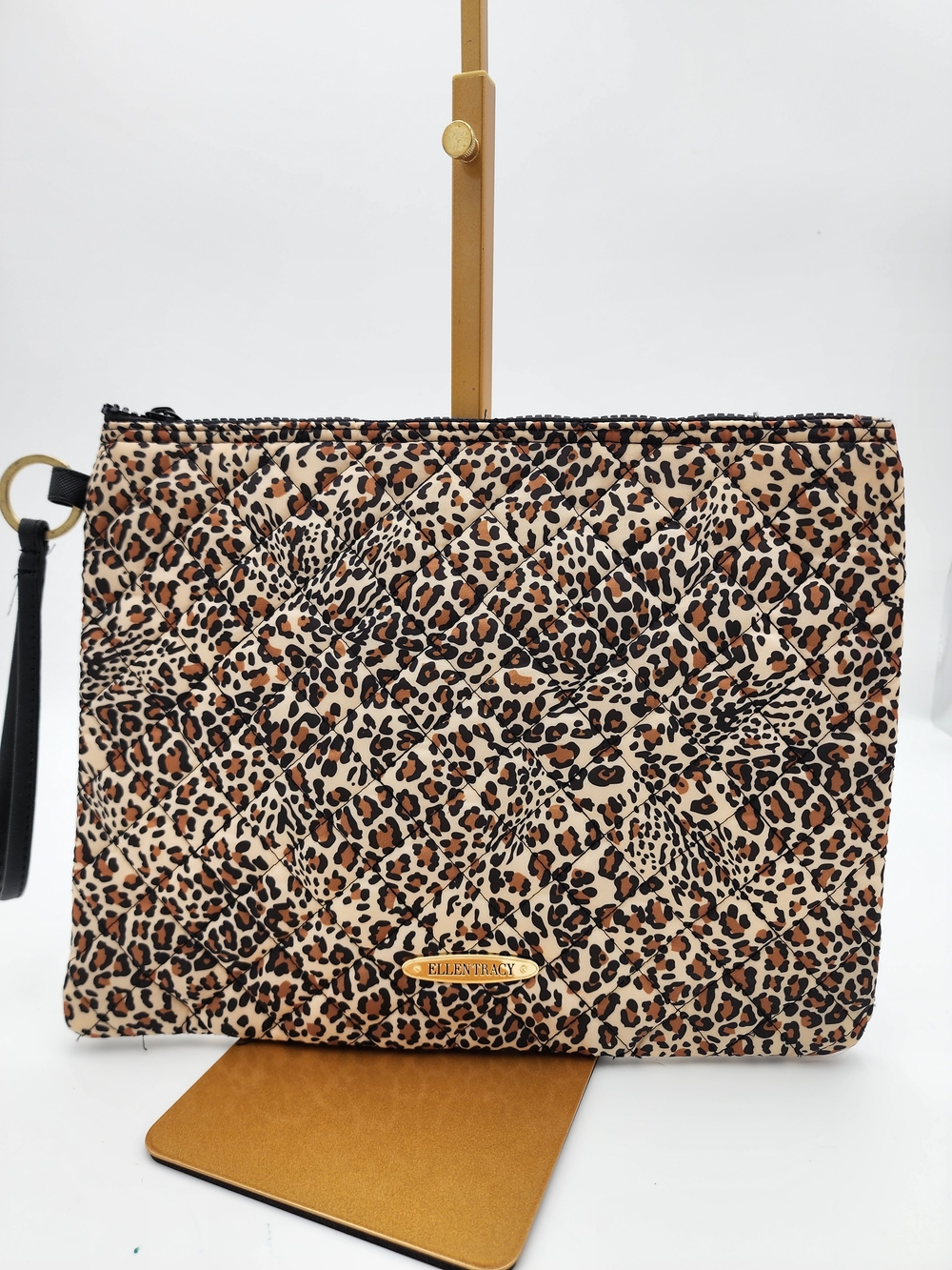 Ellen Tracy Quilted Leopard Print Wristlet Clutch Or Laptop Sleeve